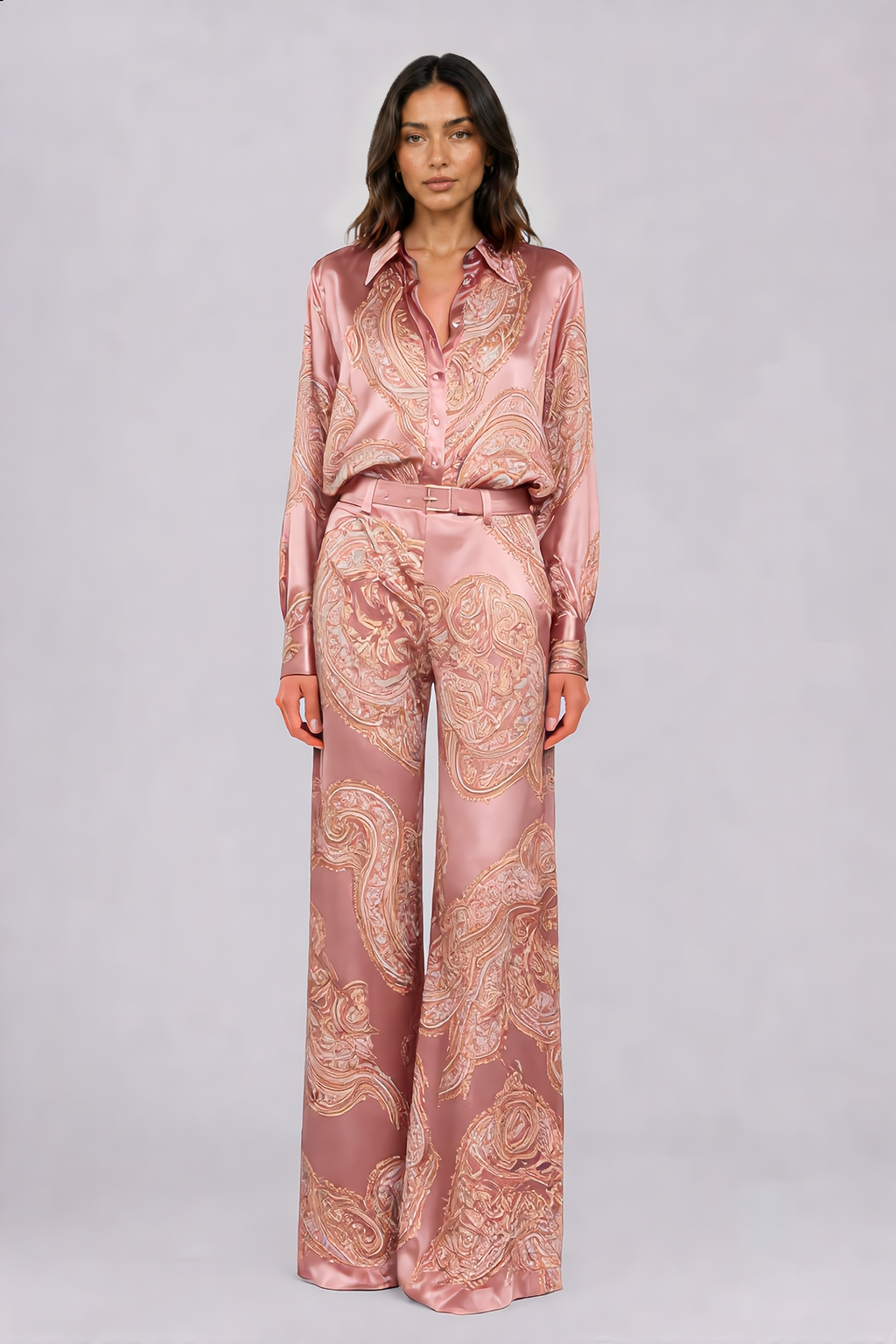 Naomi Paisley Shirt & Wide-Leg Pants Set | Pink Paisley