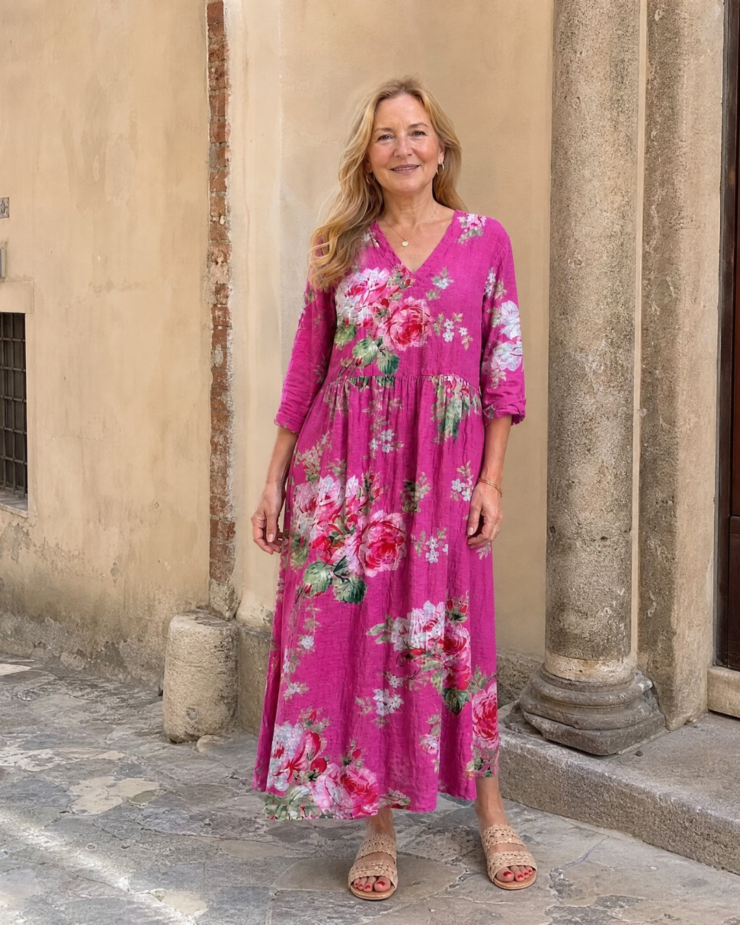 Roswitha | Abito midi boho con stampa di rose vintage