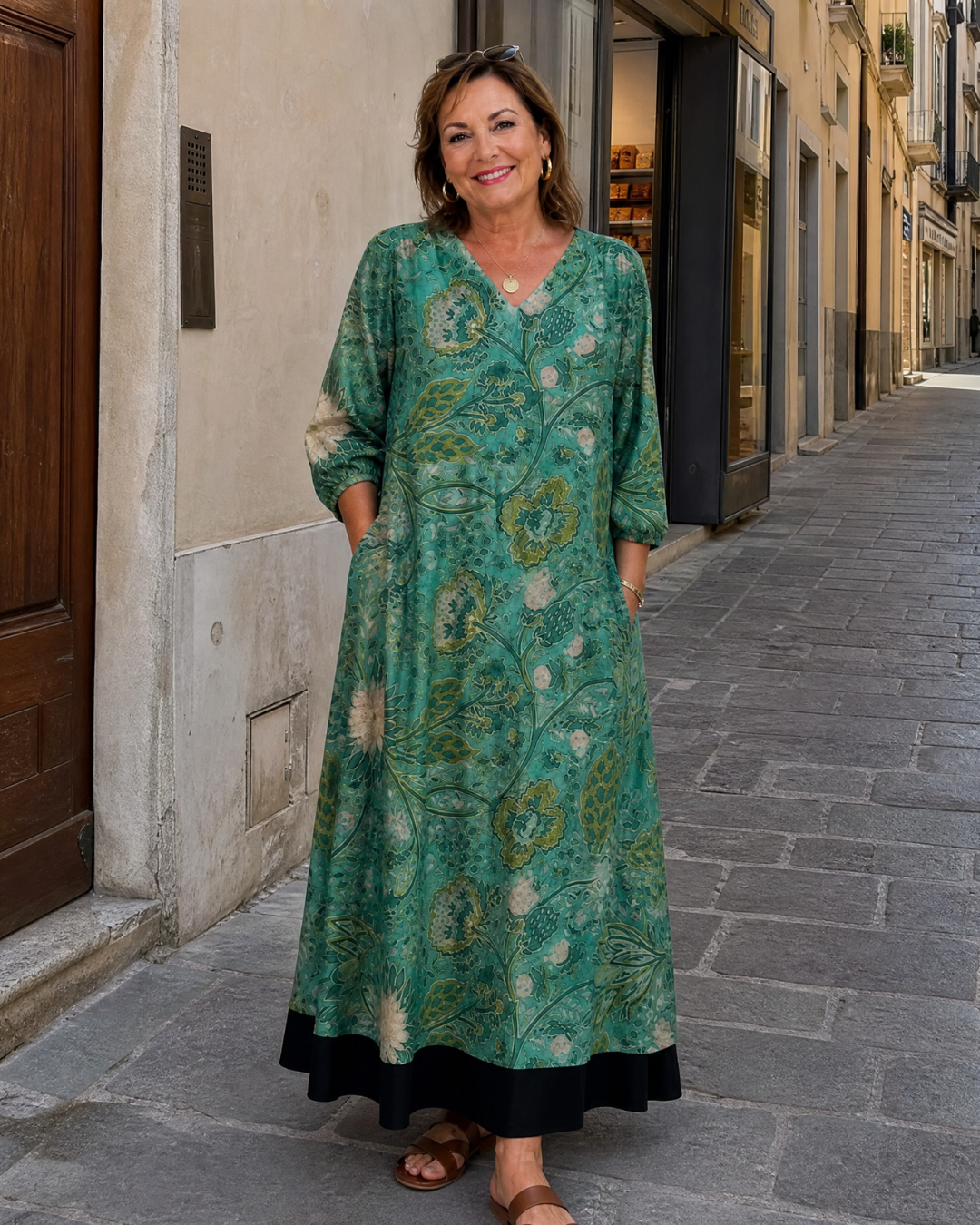 Sina | Abito midi boho con stampa di motivi botanici