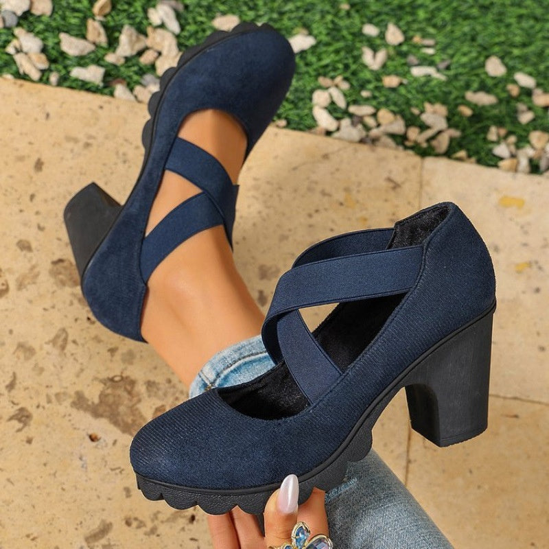 Lola | Women's Platform Shoes with Round Toe, Cross Strap, and Chunky Heel