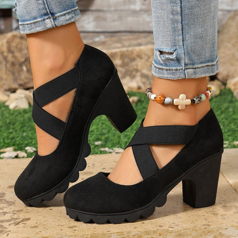 Lola | Women's Platform Shoes with Round Toe, Cross Strap, and Chunky Heel