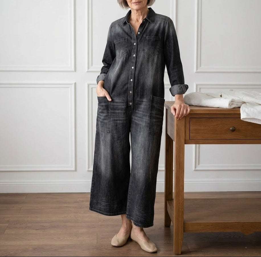 Saylor - Salopette in Denim di Cotone Lavato Vintage con Chiusura a Bottone