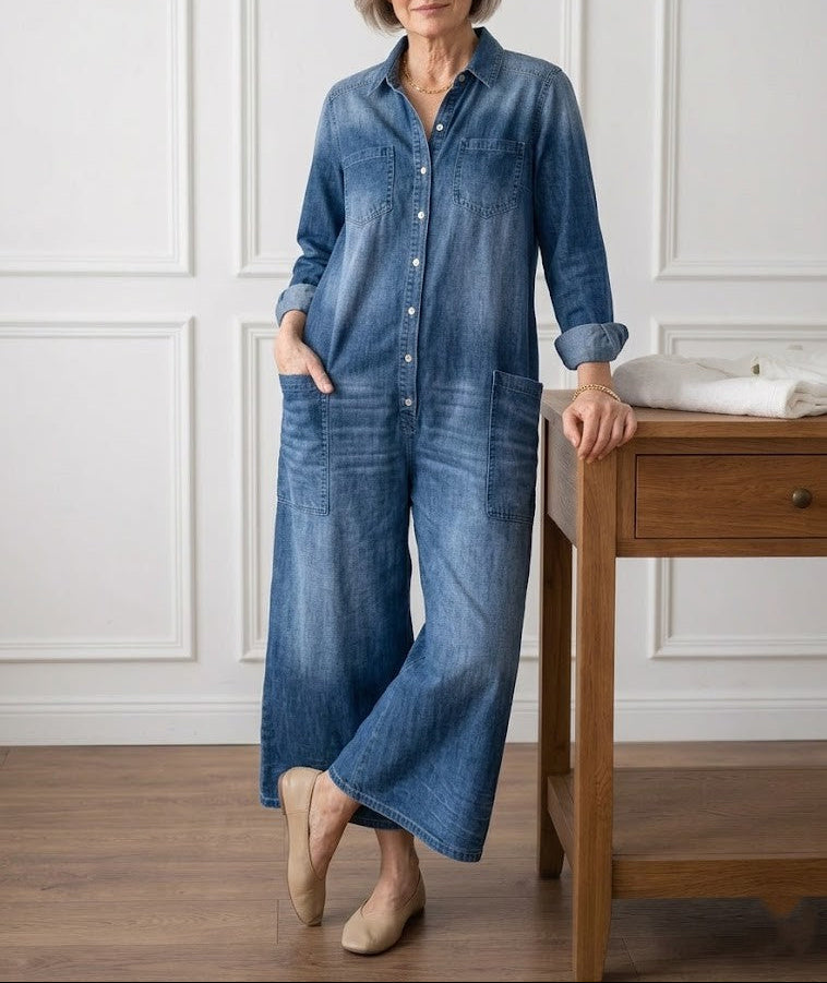 Saylor - Salopette in Denim di Cotone Lavato Vintage con Chiusura a Bottone