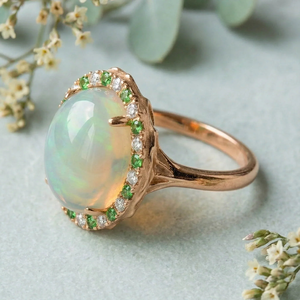 Solid Gold Welo Opal & Tsavorite Organic Ring